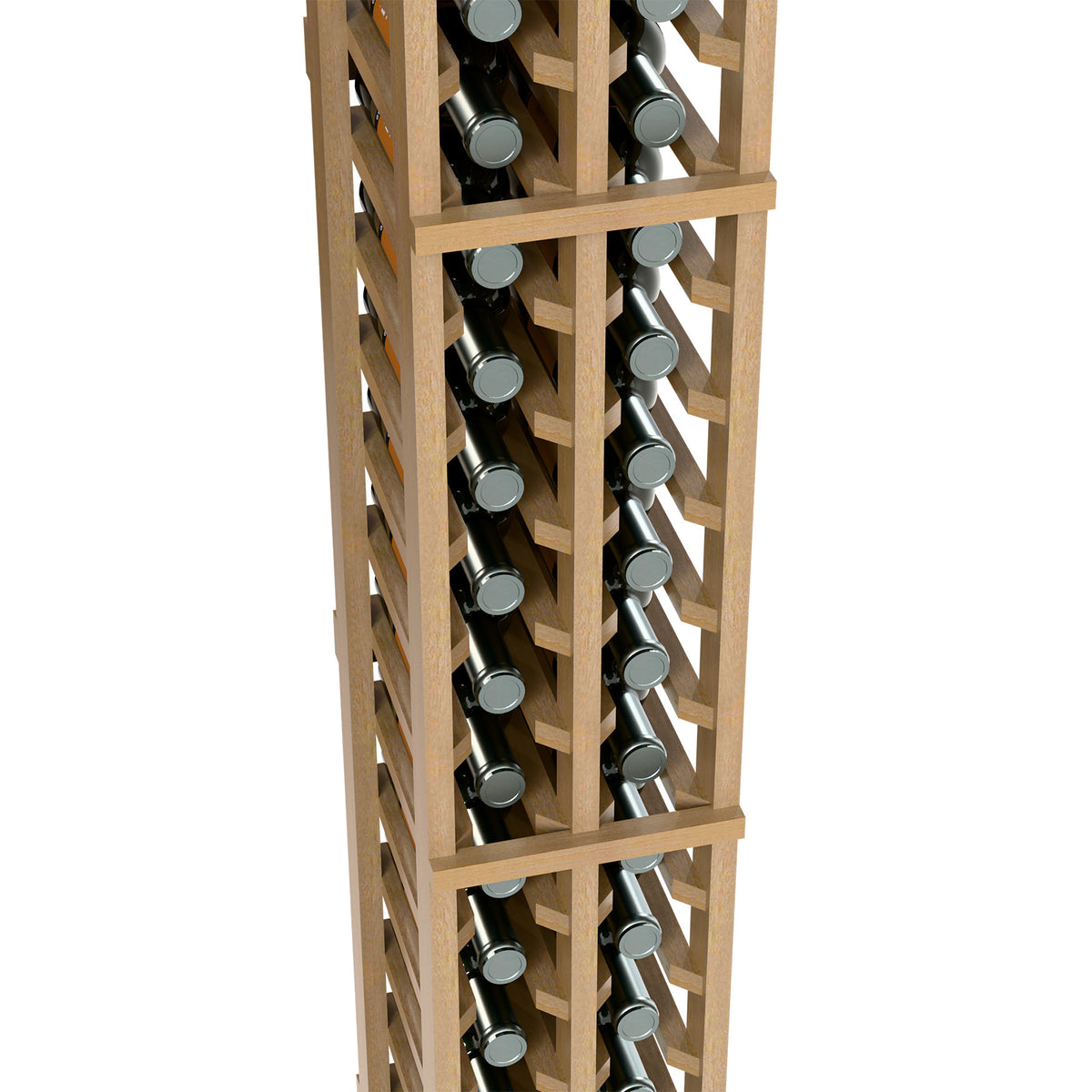 Light wood two-column wine bottle rack with bottle necks and slots visible