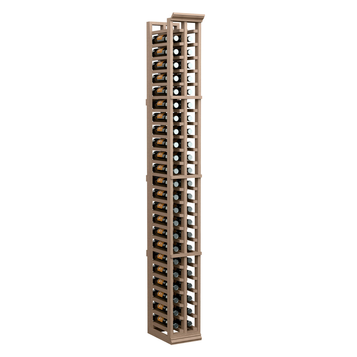 Two-column split wine bottle rack in light wood, tall vertical frame with slots