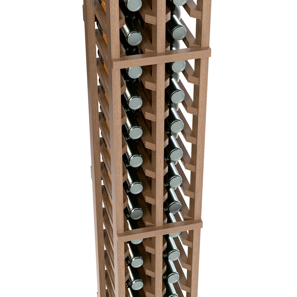 Angled close-up of light wood two-column wine bottle rack with bottle openings