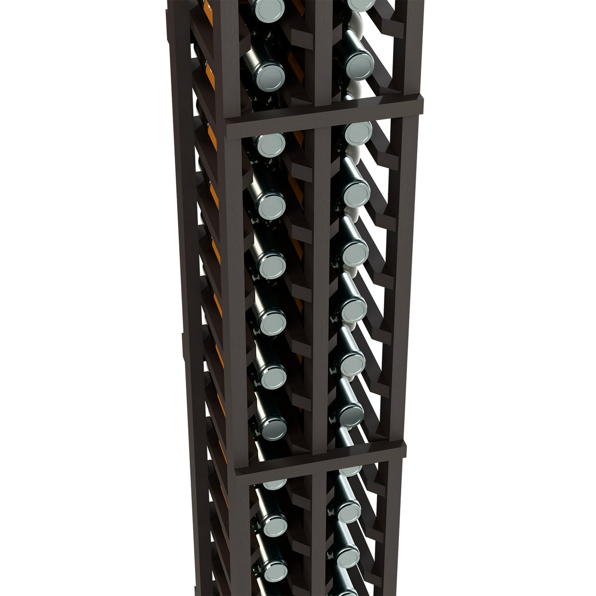 Close view of dark wood two-column wine bottle rack with bottle neck slots