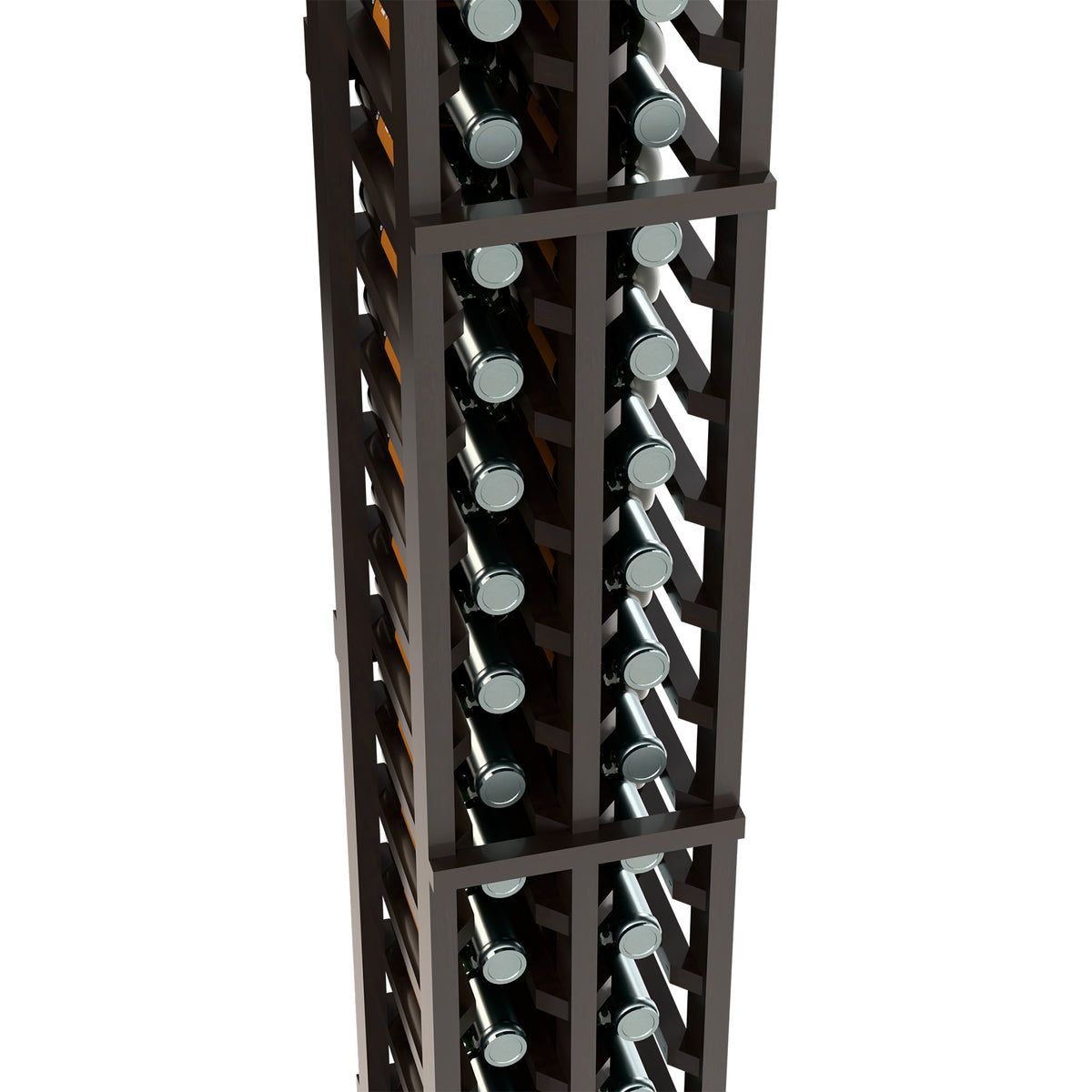 Angled close-up of dark wood two-column wine bottle rack with bottle openings