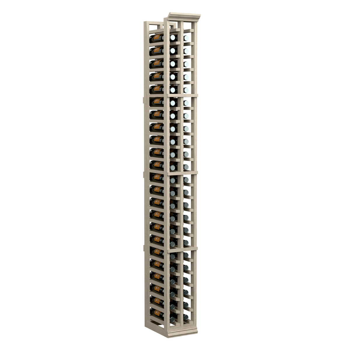 Two-column split wine bottle rack with open lattice, light wood frame
