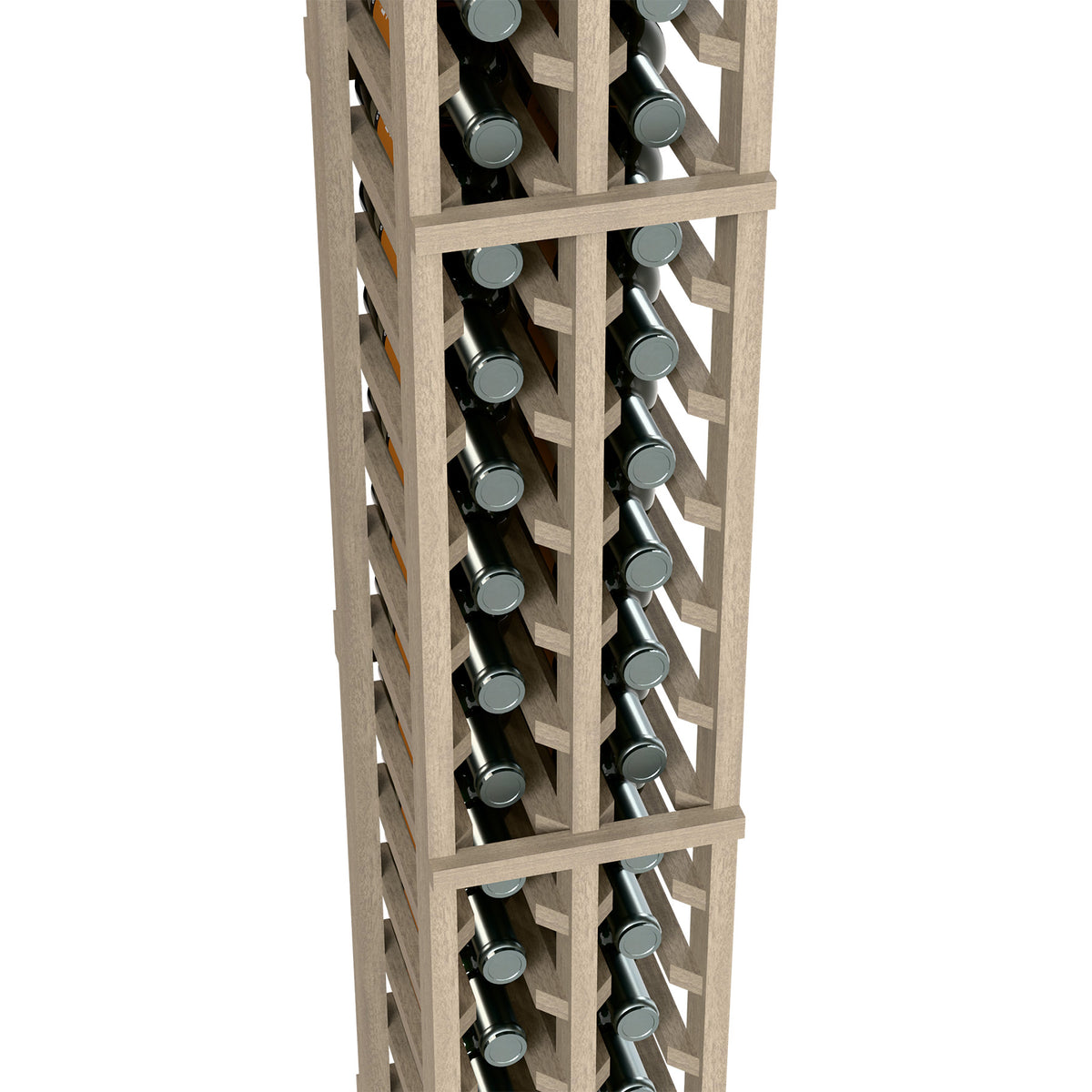 Two-column wine bottle rack detail, light wood grid holding bottles
