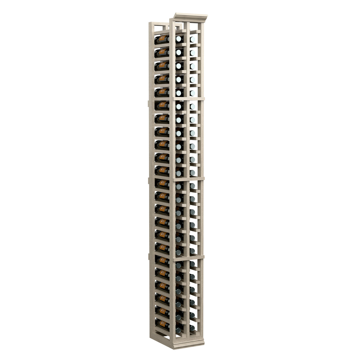 Two-column split wine bottle rack, light wood frame with bottle slots