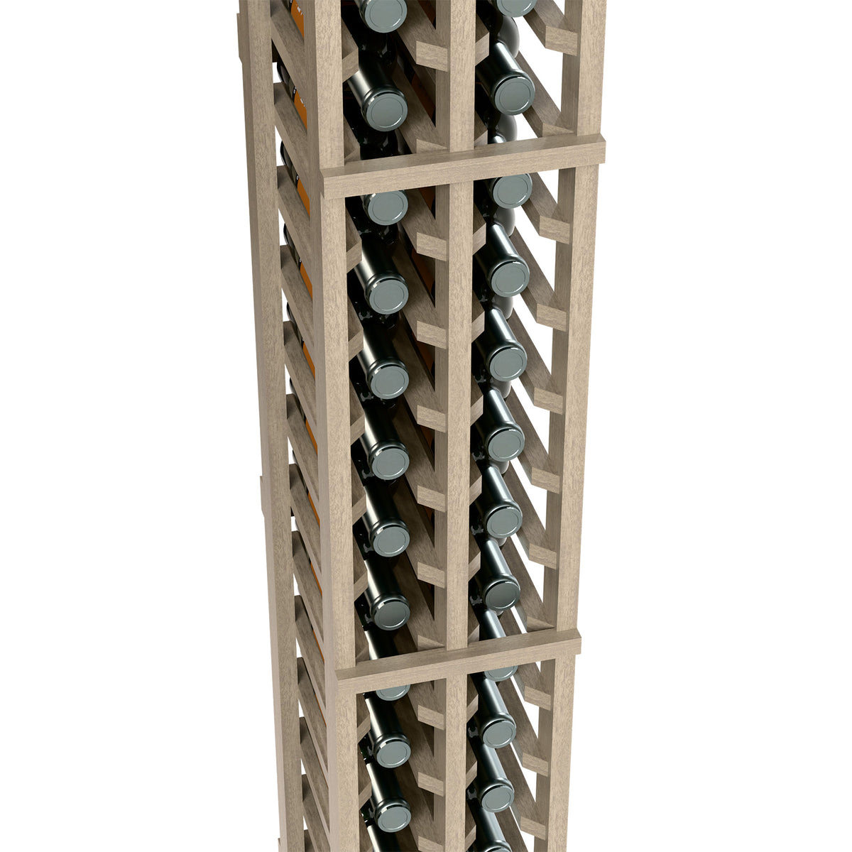 Two-column wine bottle rack close-up, light wood lattice with bottles