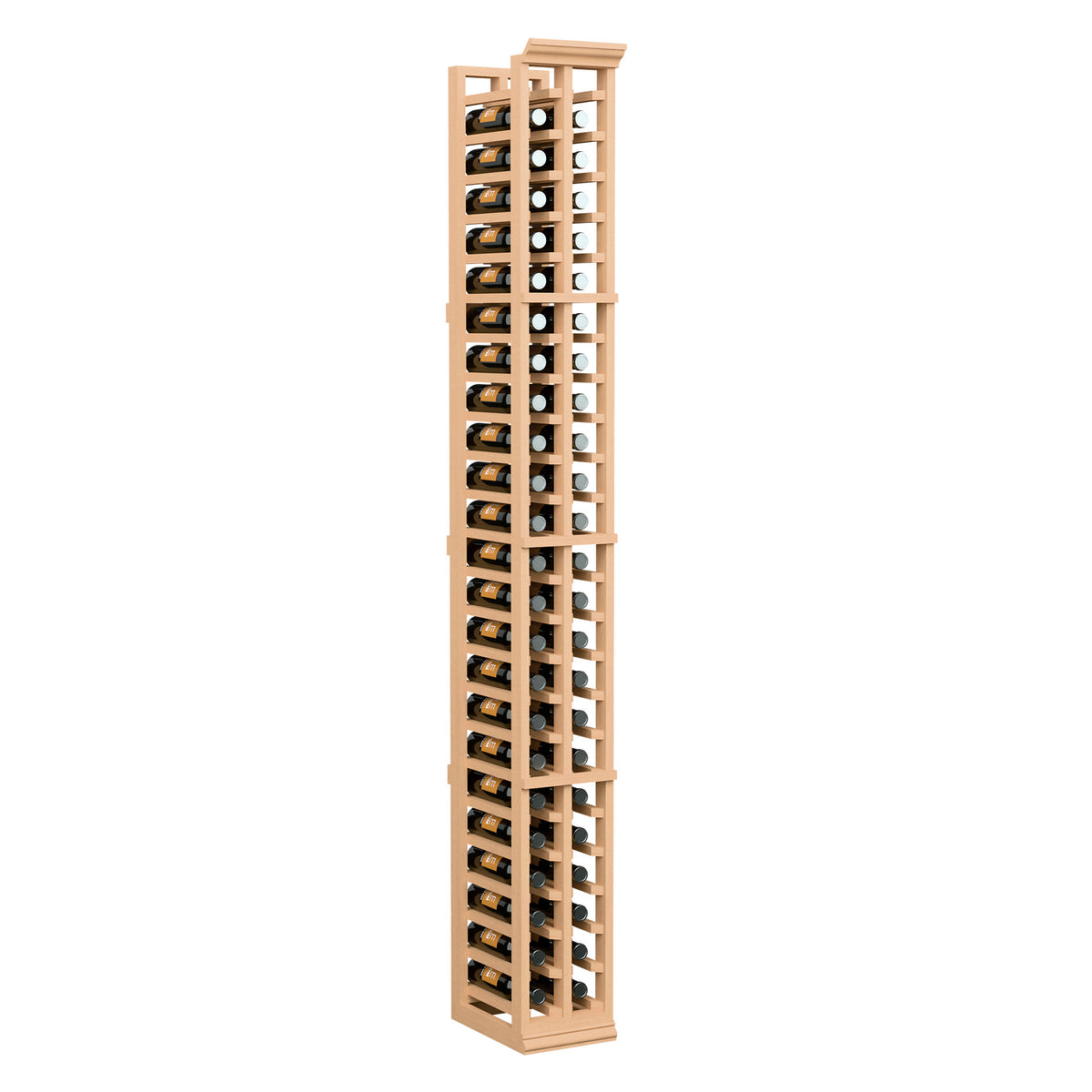 Two-column split wine bottle rack, light wood frame and bottle compartments