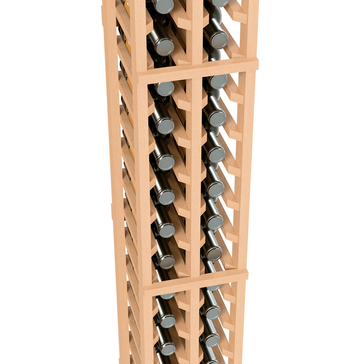 Two-column wine bottle rack detail, light wood frame holding wine bottles