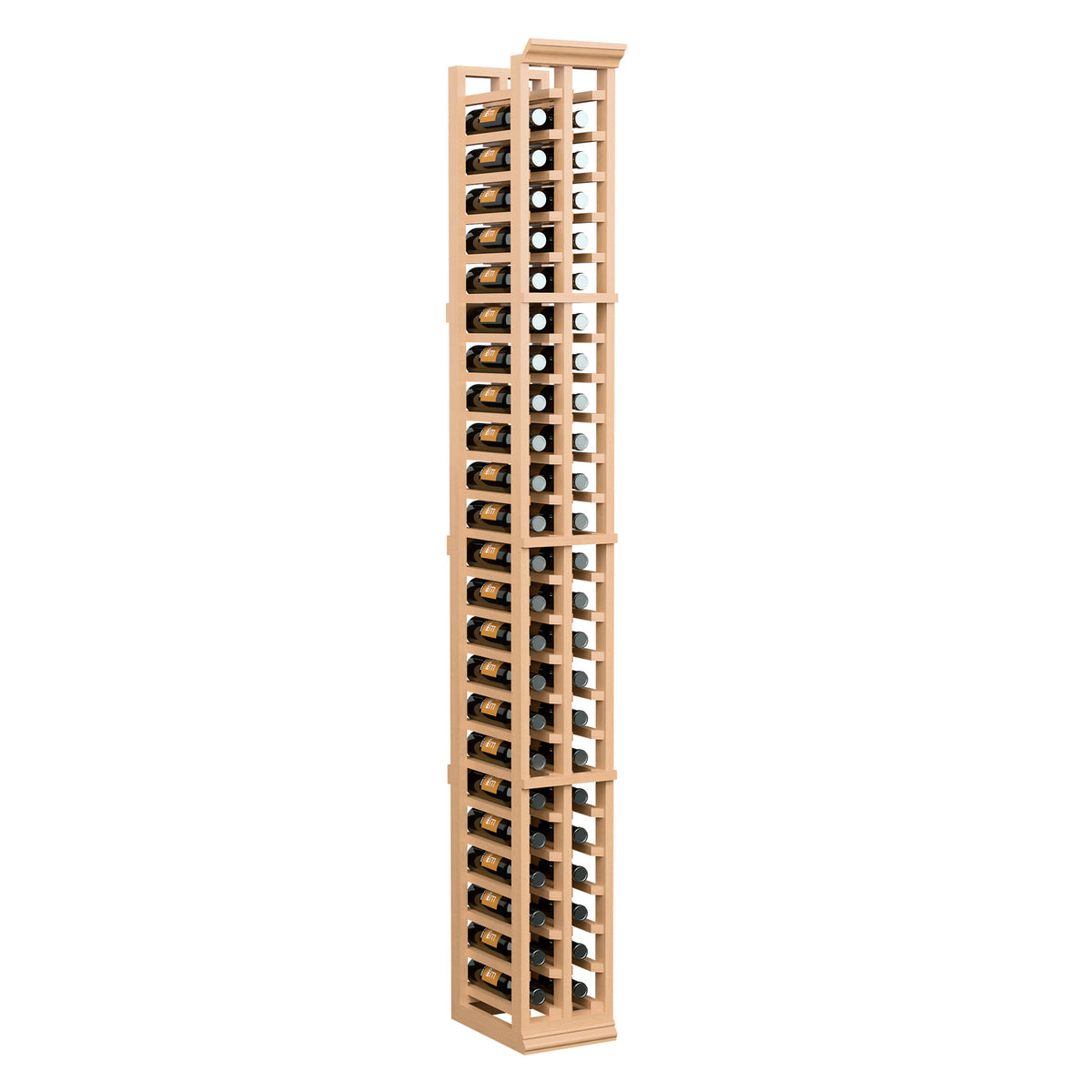 Two-column split wine bottle rack, light wood frame with open bottle holders