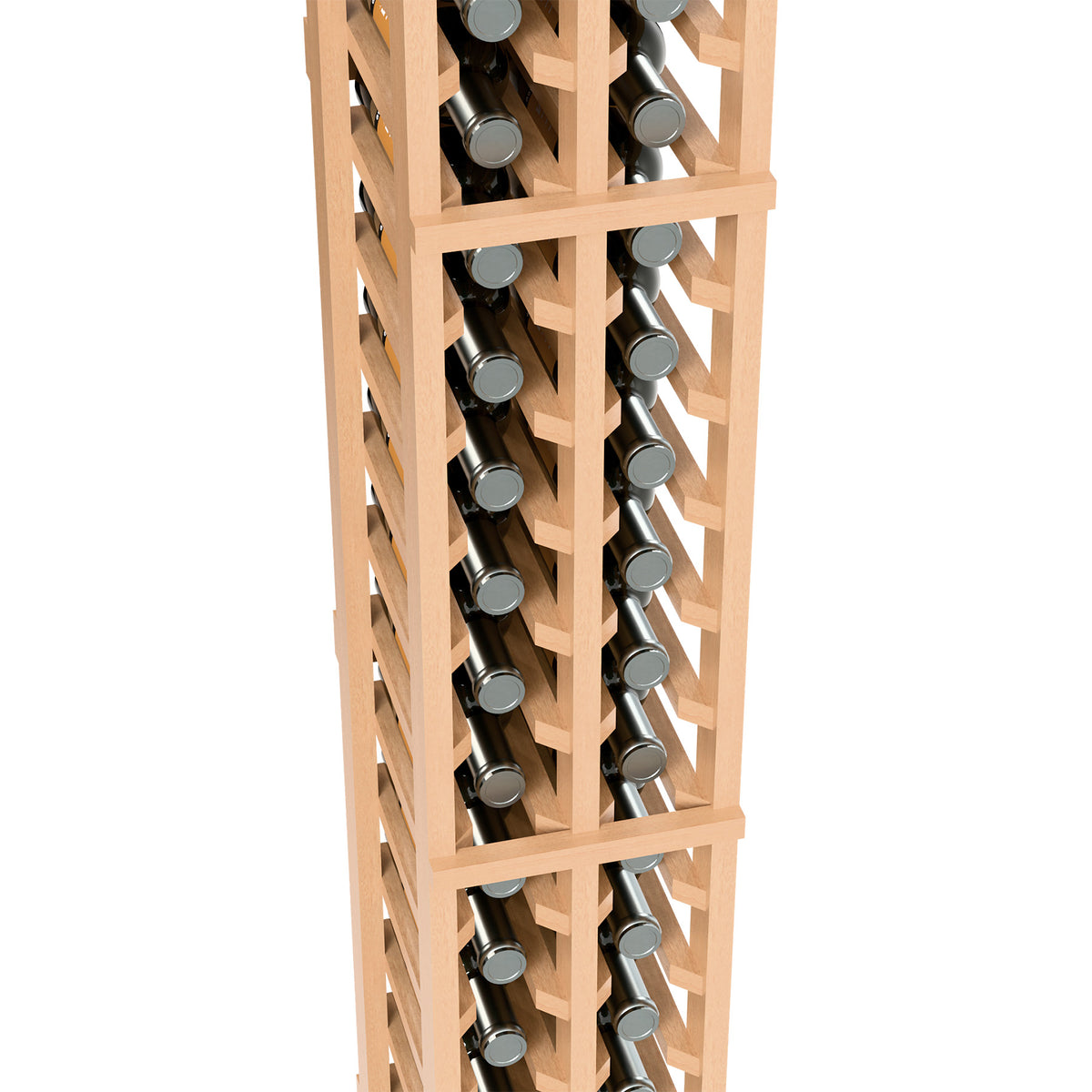 Two-column wine bottle rack close-up, light wood grid holding bottles