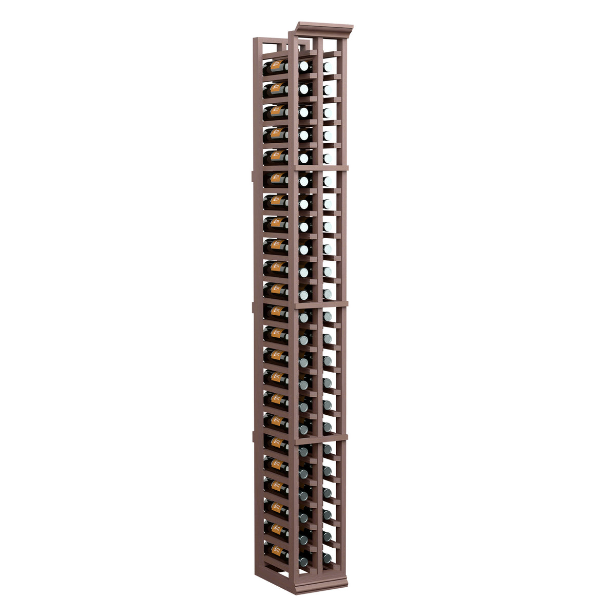 Two-column split wine bottle rack, dark wood frame with bottle slots