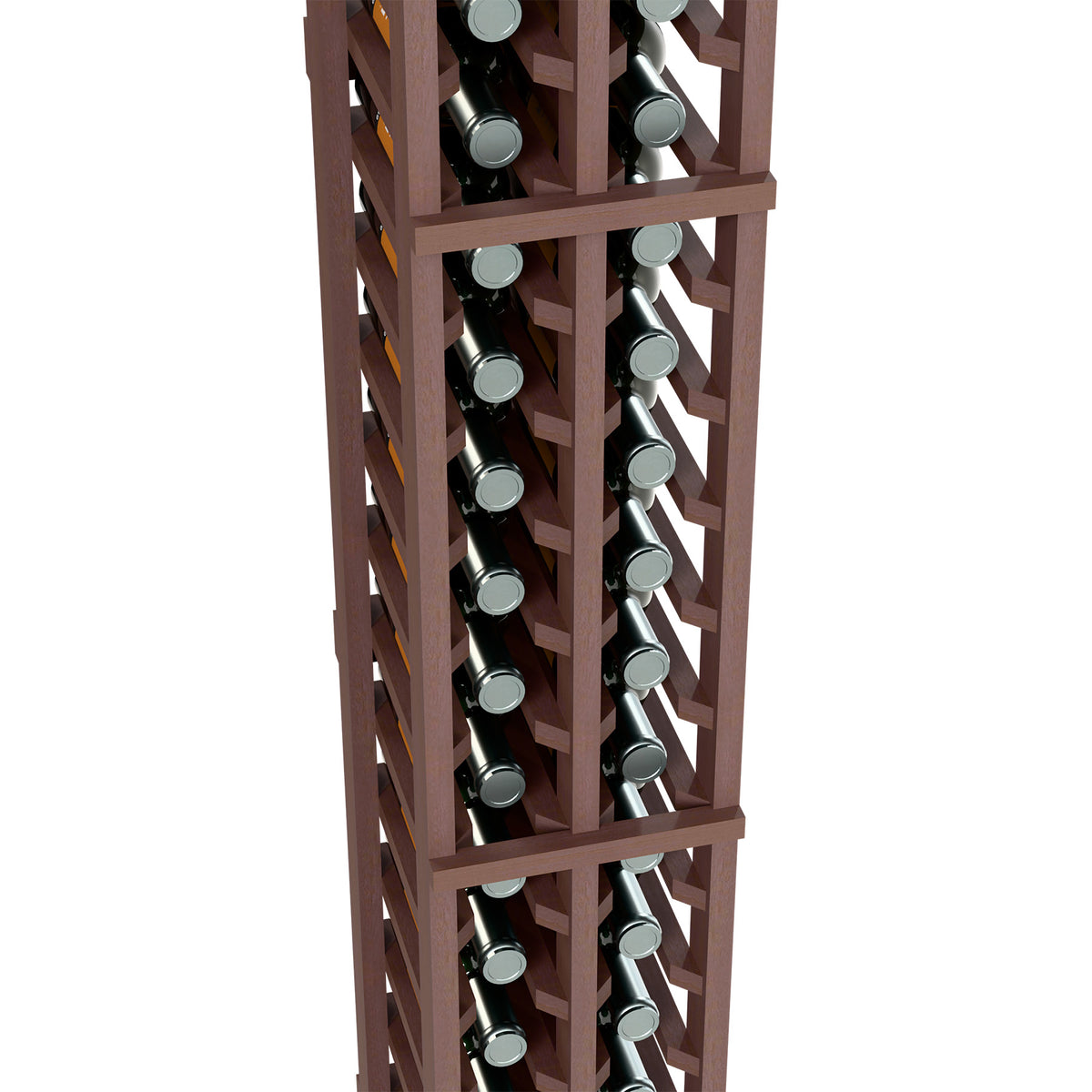 Two-column wine bottle rack close-up, dark wood lattice holding bottles