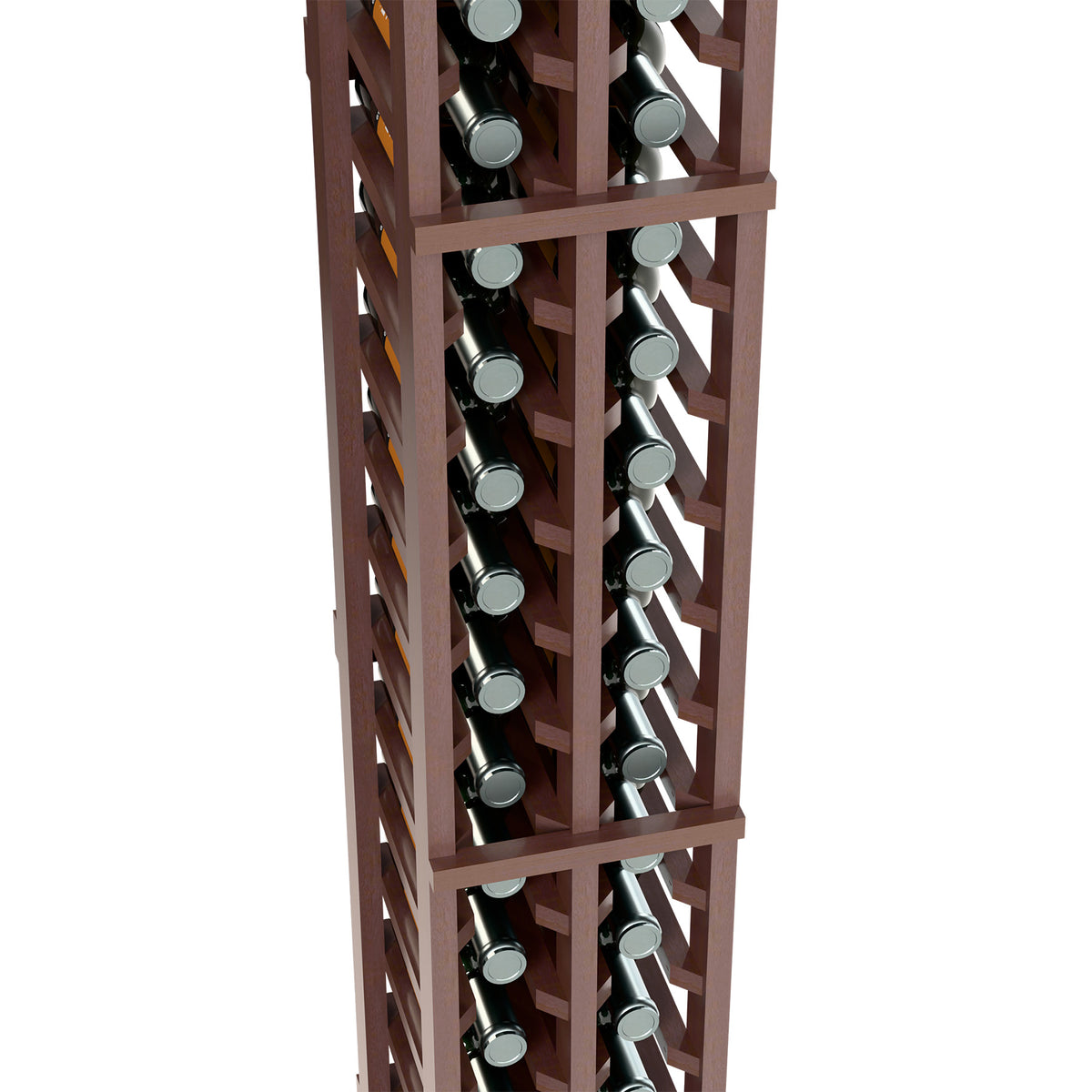 Two-column split wooden bottle rack, close view of bottle slots and wine bottles