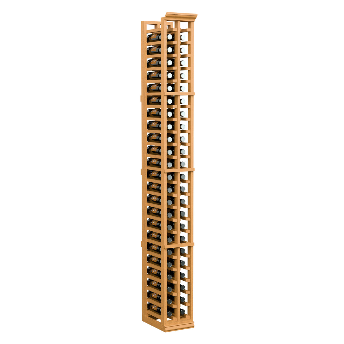 Two-column split wooden bottle rack with rows of wine bottles in light wood finish