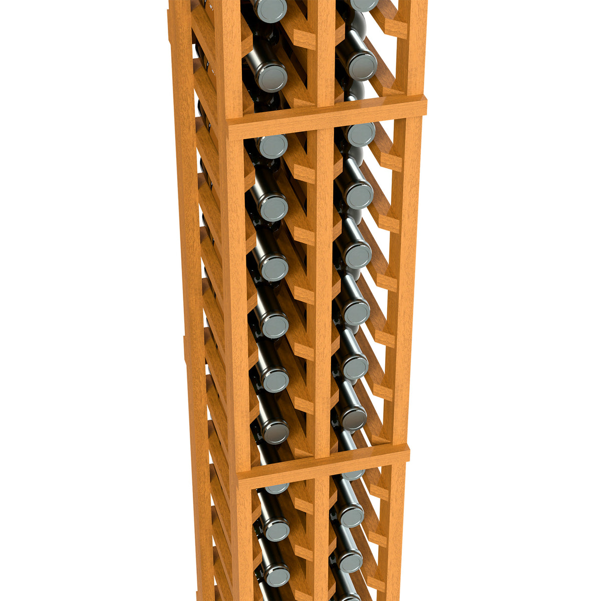 Two-column split wooden bottle rack close-up of bottle slots with wine bottles