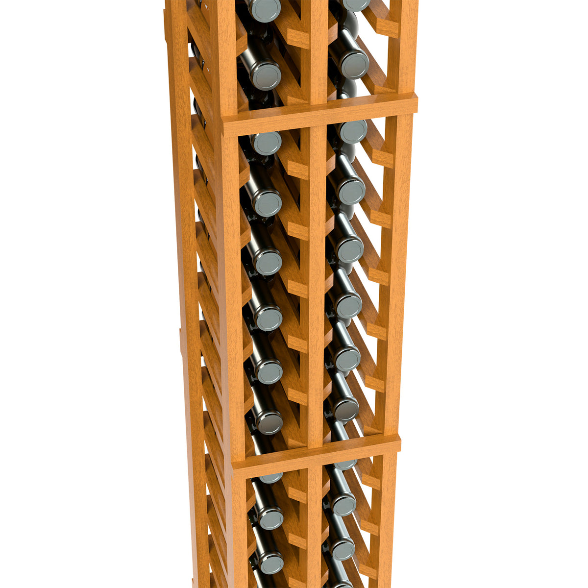 Two-column split wooden bottle rack close view of bottle slots and wine bottles