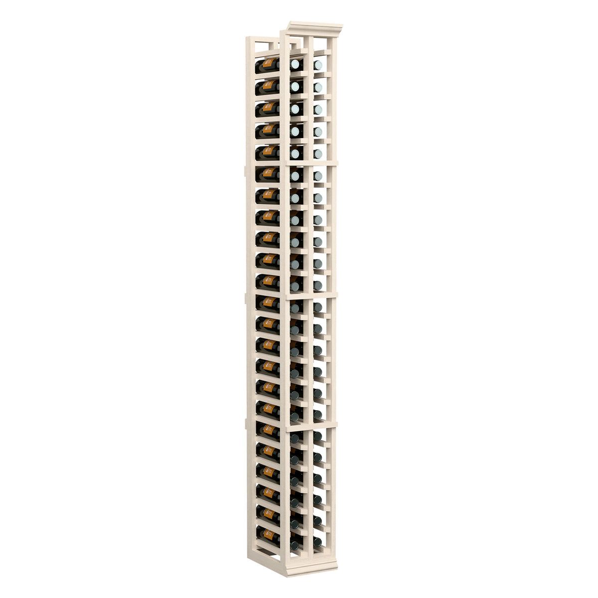 Two-column split wooden bottle rack with white finish and rows of wine bottles