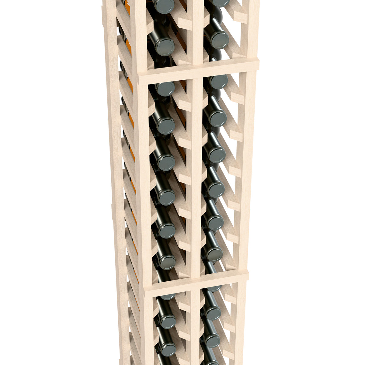 Two-column split wooden bottle rack close-up showing bottle slots with wine bottles