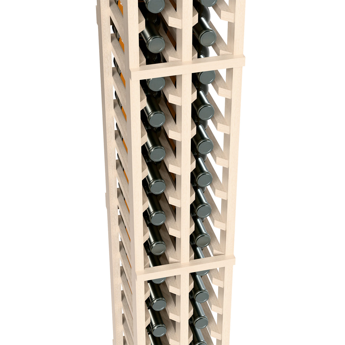 Two-column split wooden bottle rack close view of bottle slots and wine bottles