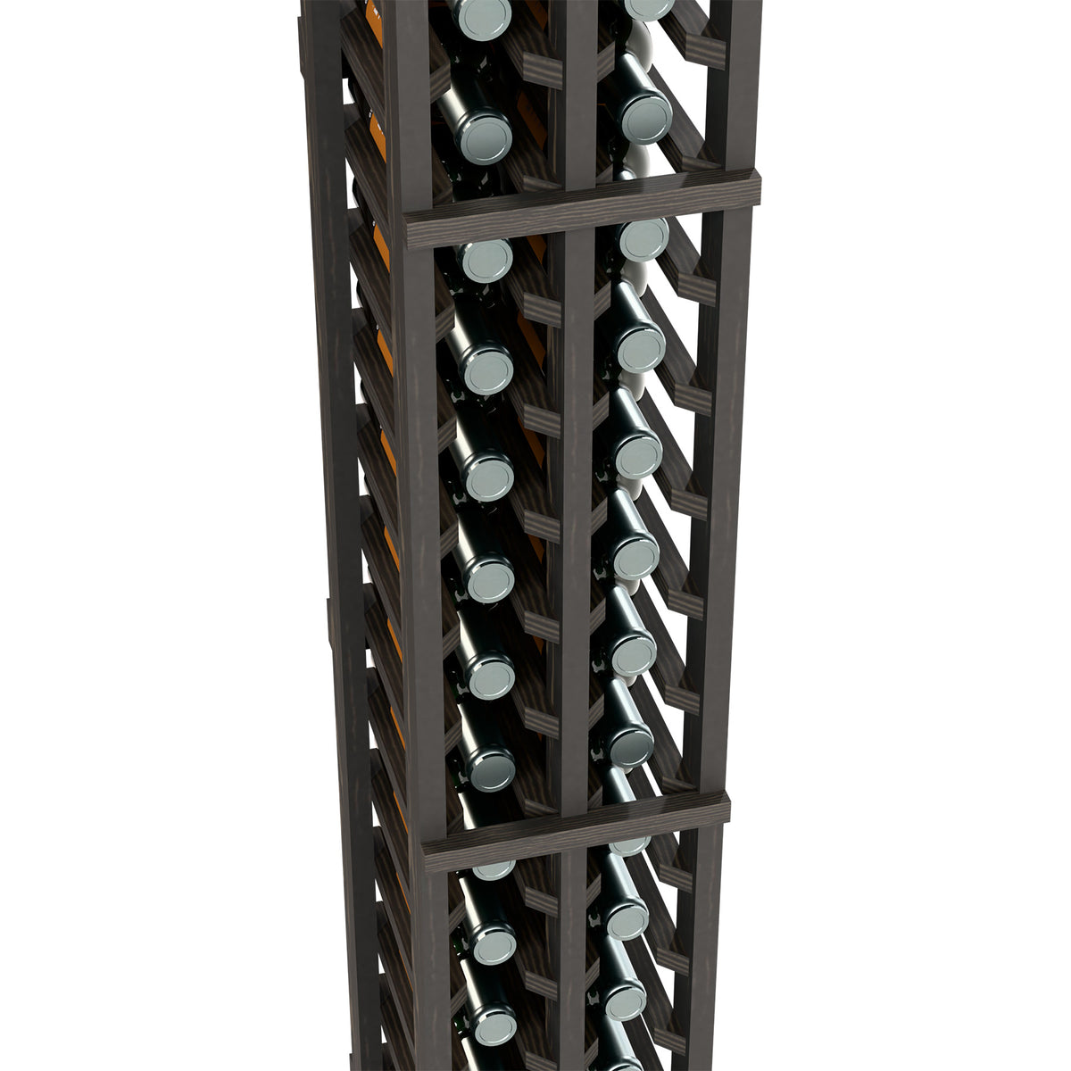 Two-column split wine bottle rack, close-up of dark wood slots holding bottles
