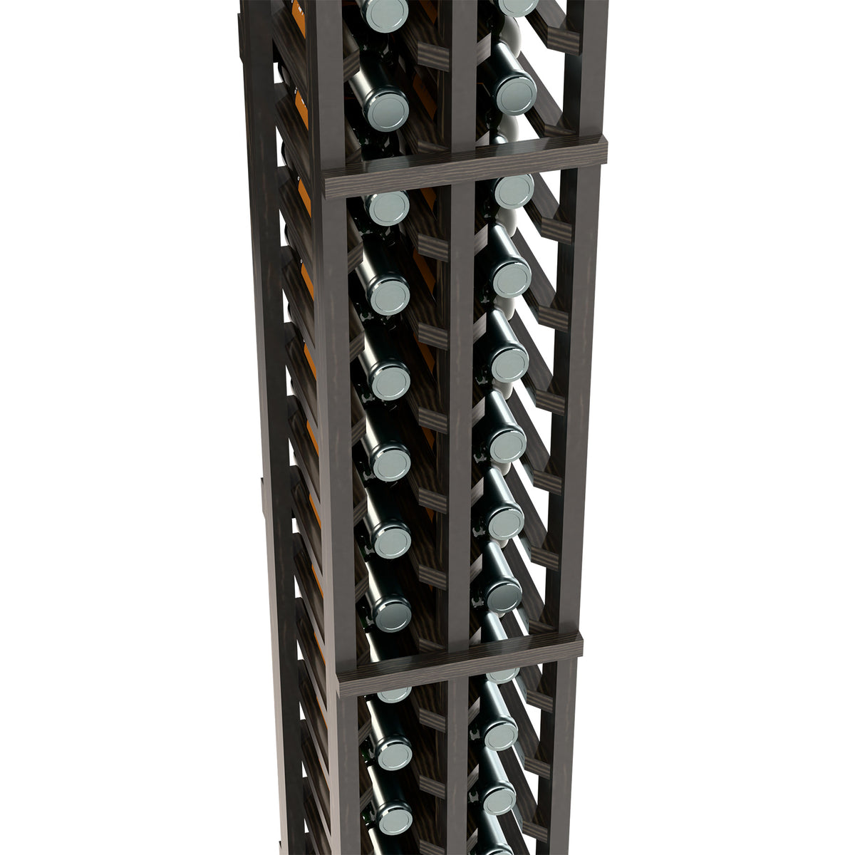 Two-column split wine bottle rack, close-up view of dark wooden bottle compartments