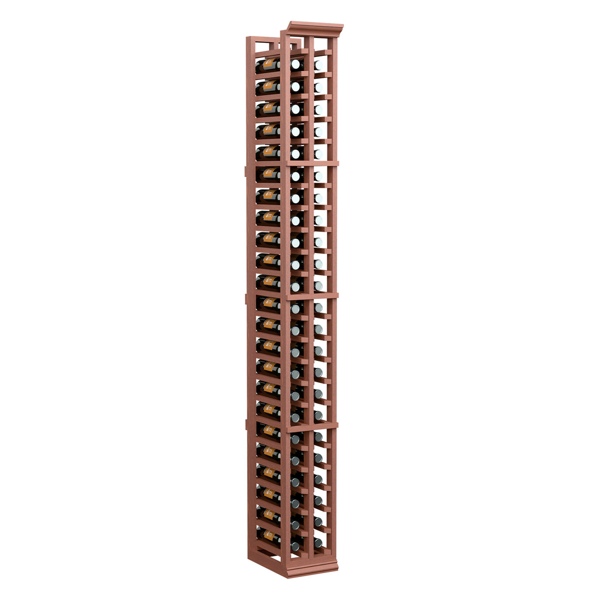 Two-column split wine bottle rack with warm brown wooden frame and bottle rows