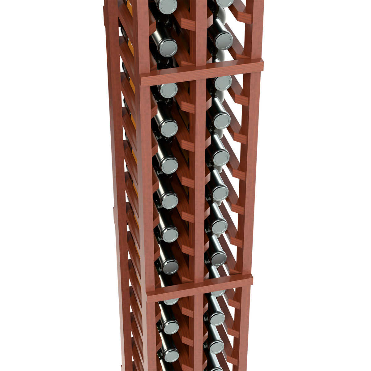 Two-column split wine bottle rack, close-up of warm brown bottle compartments