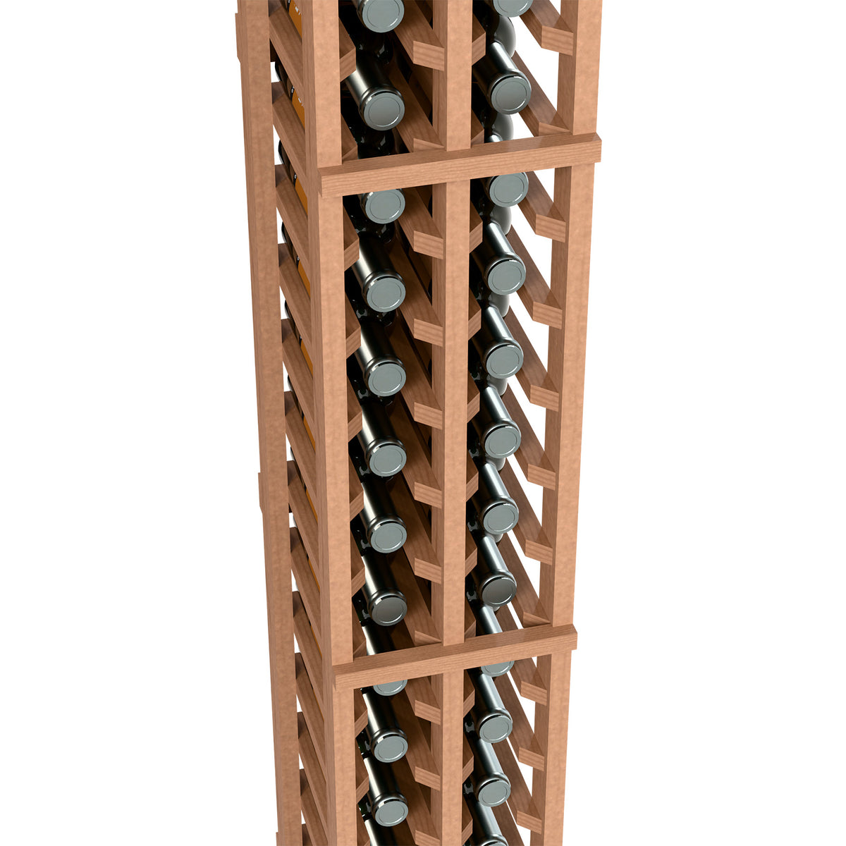 Two-column split wine bottle rack, close-up of light wood slots holding bottles