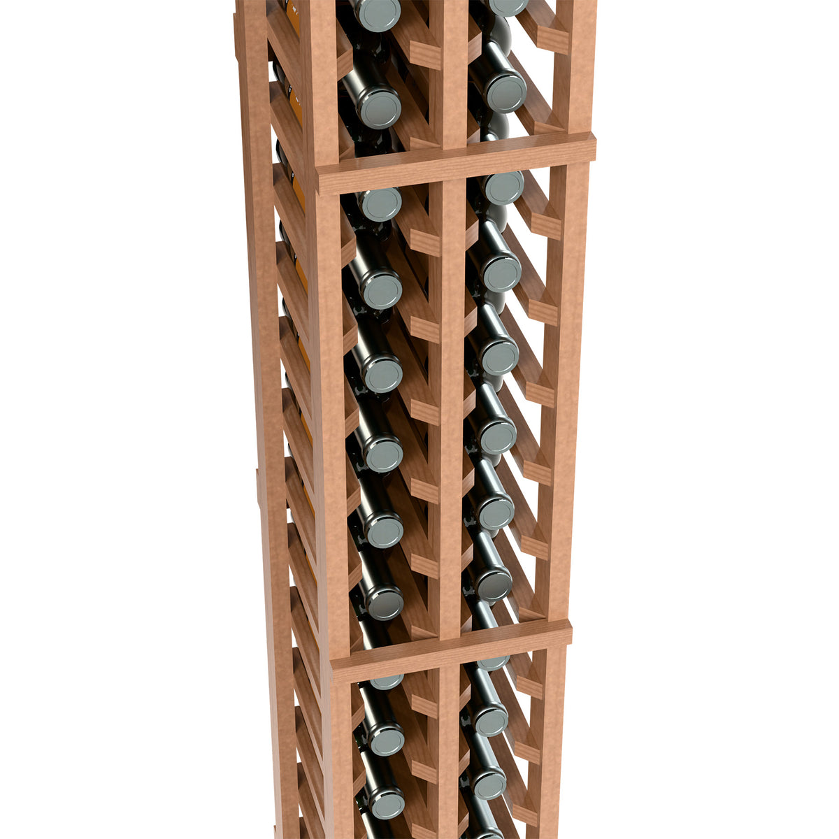 Light wood two-column wine bottle rack close-up of bottle holders and grid frame