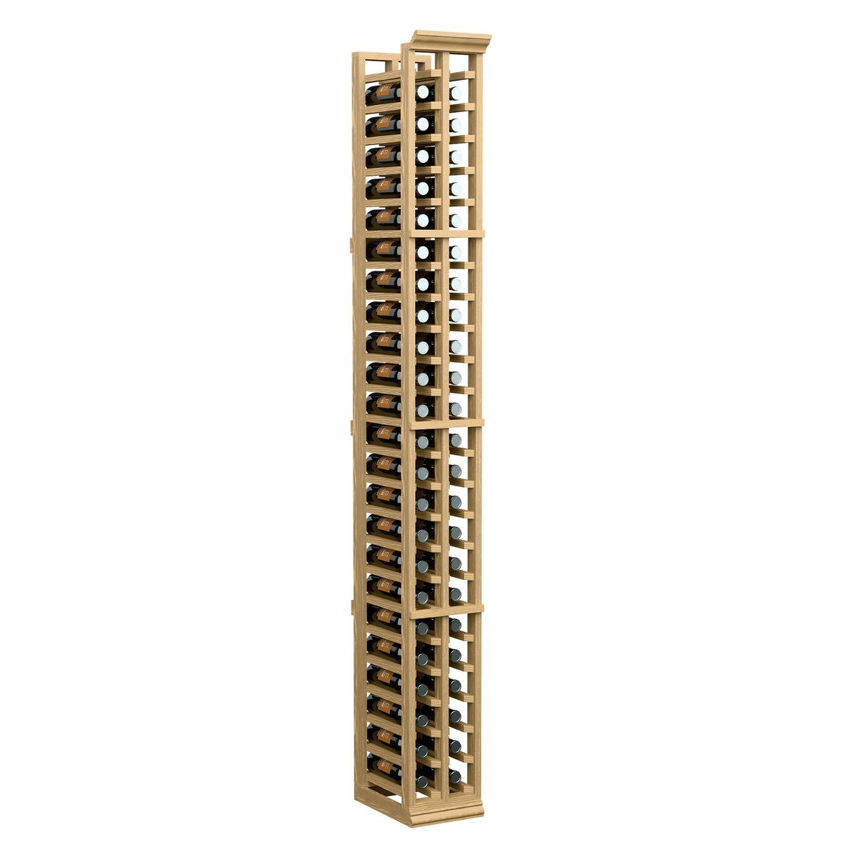 Light wood two-column split wine bottle rack, tall vertical design, front view