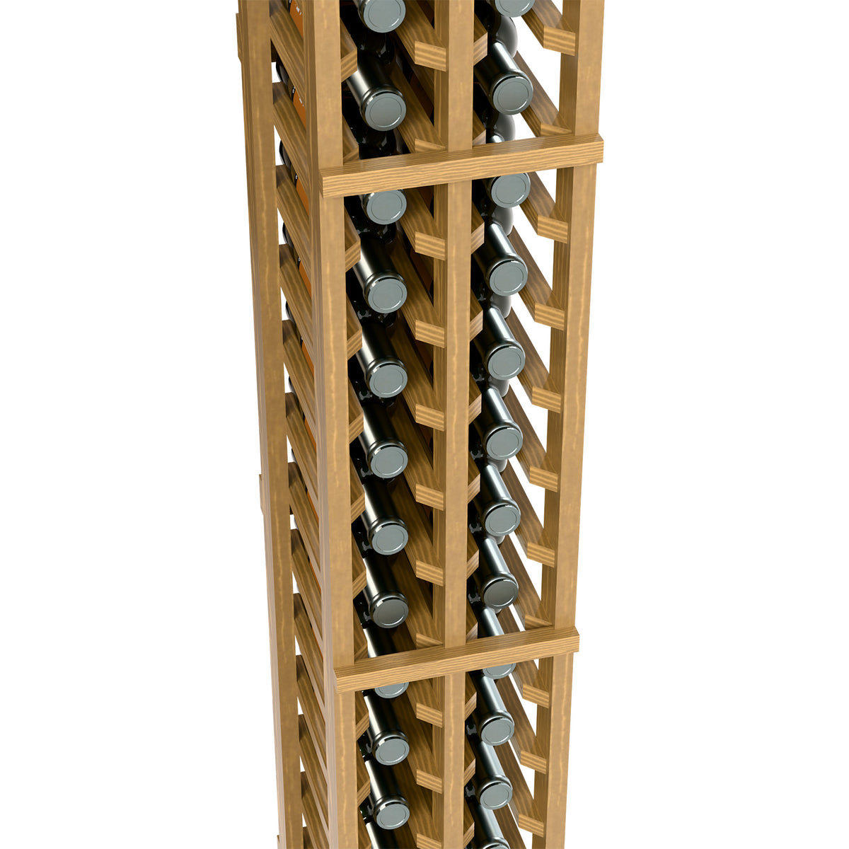 Light wood two-column wine bottle rack close-up of stacked bottle compartments