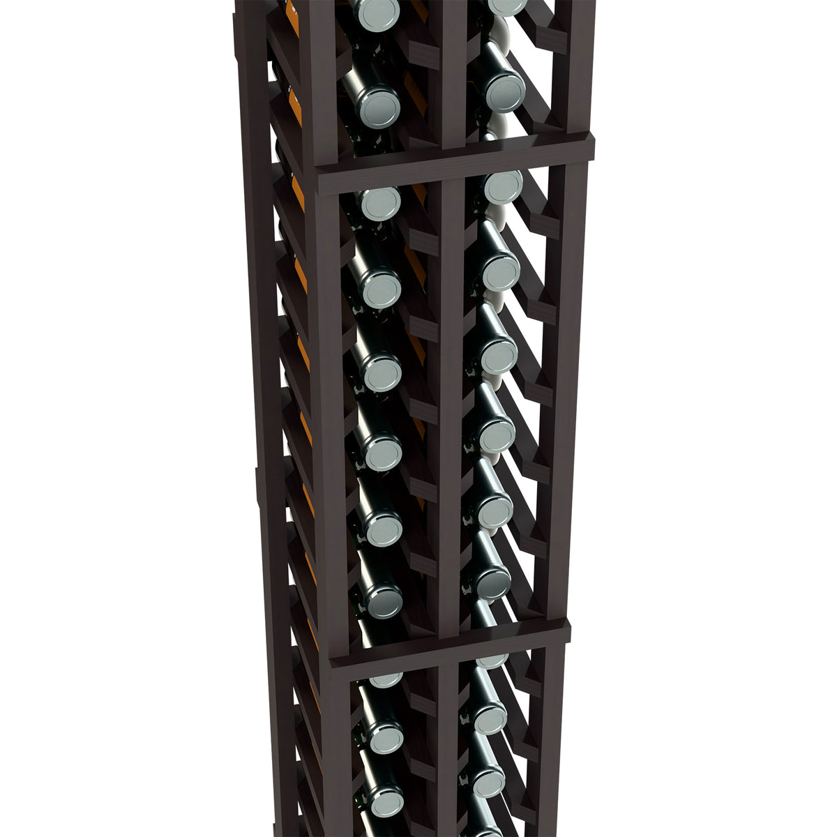 Dark stained wood two-column wine bottle rack close-up of bottle holders in frame