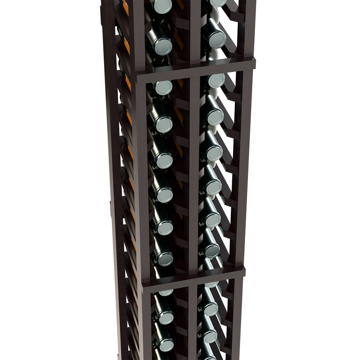 Dark stained wood two-column wine bottle rack close-up showing bottle rows in frame