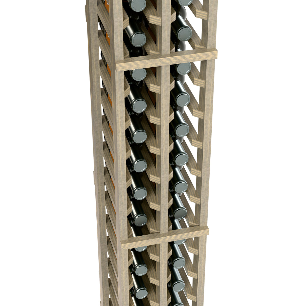 Close view of light wood two-column bottle rack with upright bottle slots