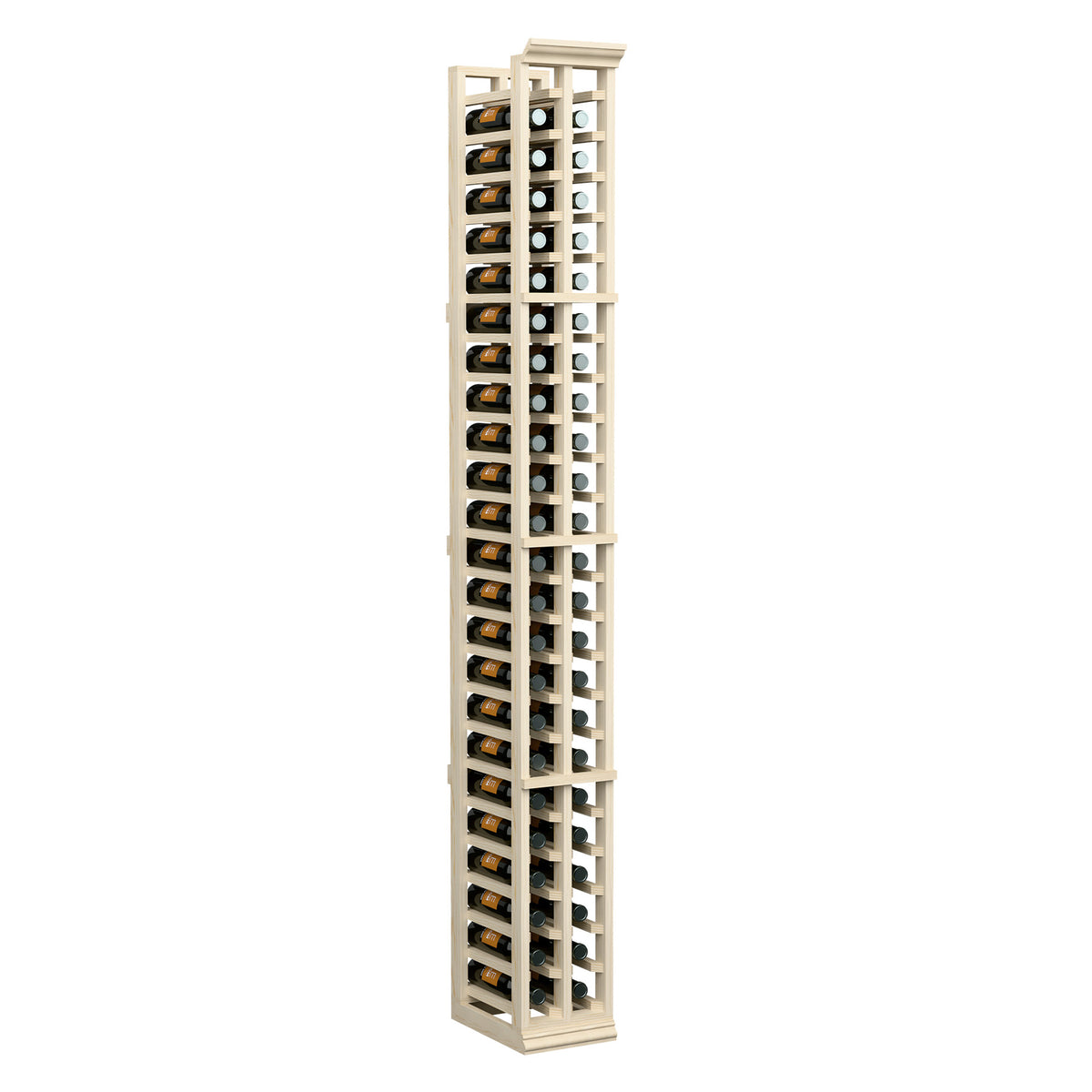 Tall light wood two-column bottle rack with open lattice and bottle rows