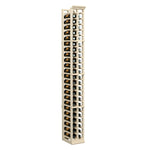 Tall light wood two-column bottle rack with open lattice and bottle rows