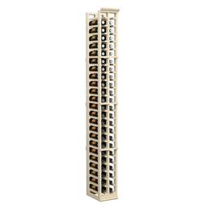 Tall light wood two-column bottle rack with open lattice and bottle rows
