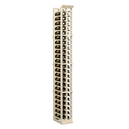 Tall light wood two-column bottle rack with open lattice and bottle rows