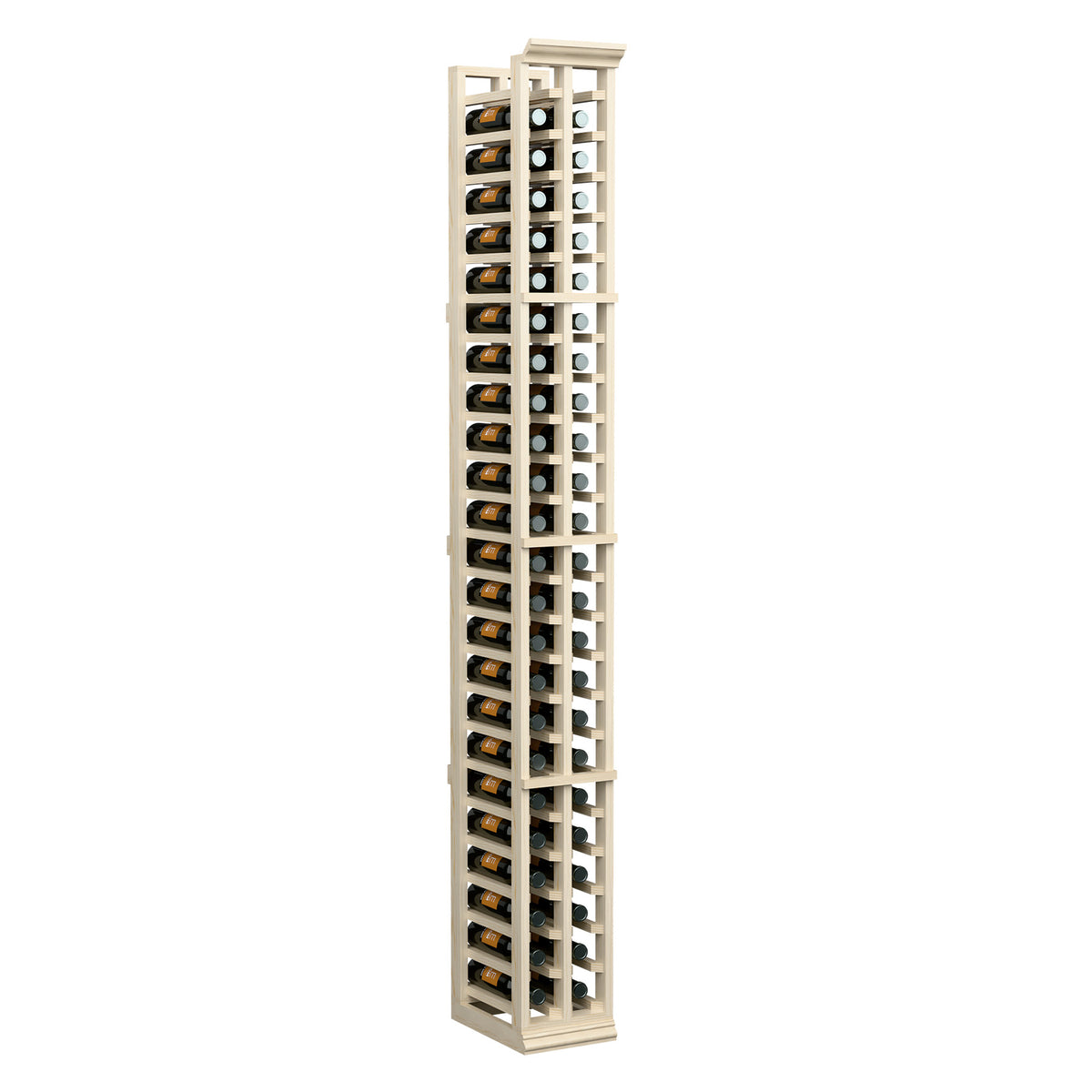 Tall light wood two-column bottle rack with open lattice and stable base