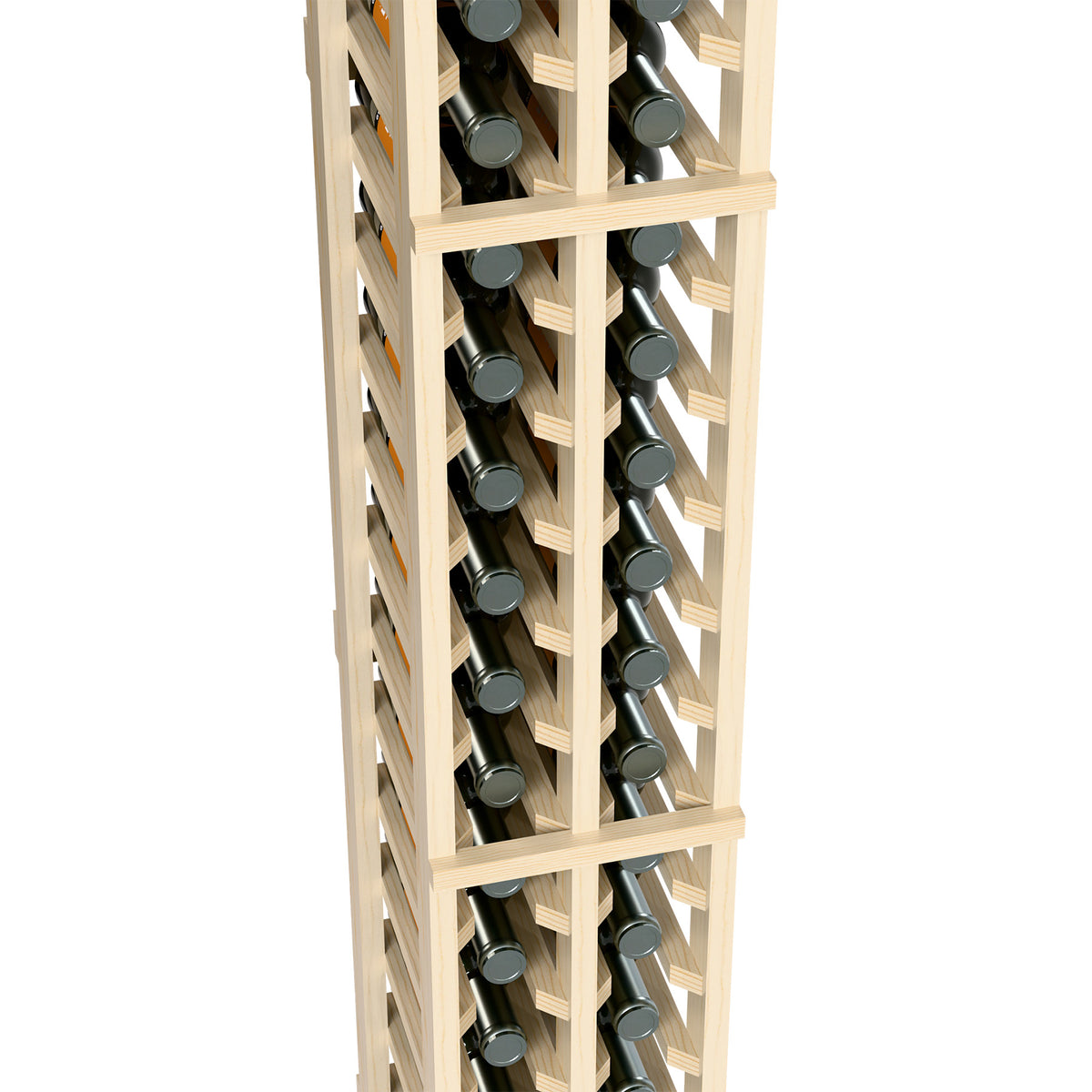 Detail of light wood two-column bottle rack with bottle compartments