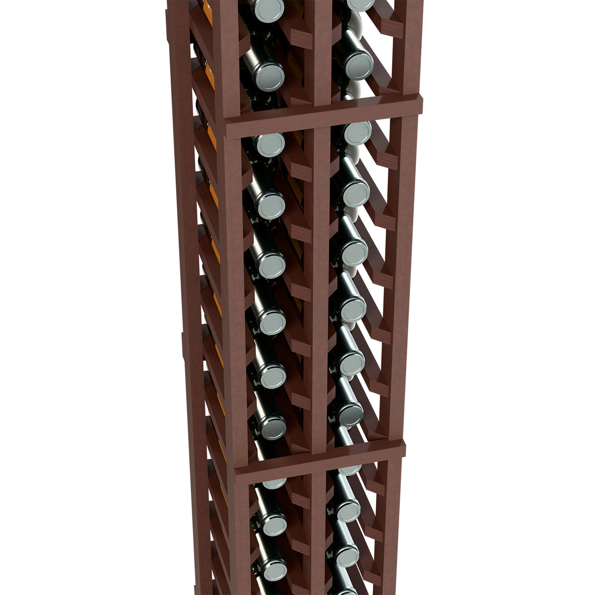 Detail of dark wood two-column bottle rack with upright bottle compartments