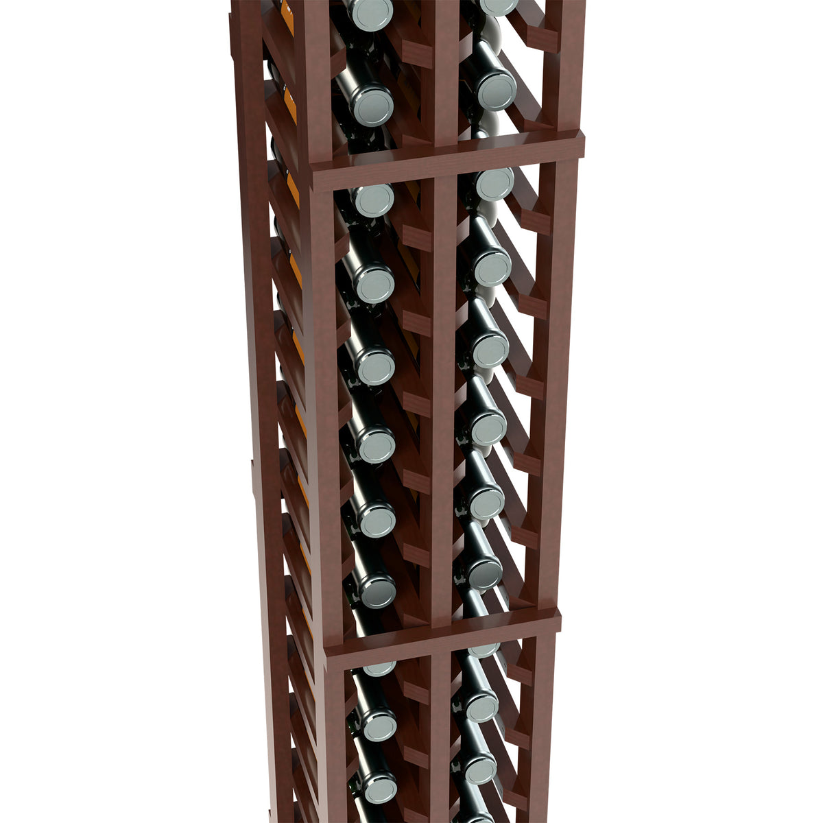 Close-up of dark wood two-column bottle rack with rows of wine bottle slots