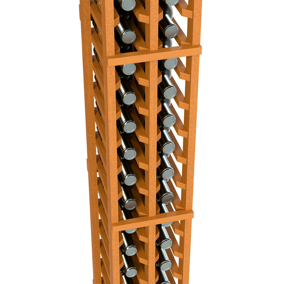 Close-up of light wood two-column bottle rack with bottle slots and dividers