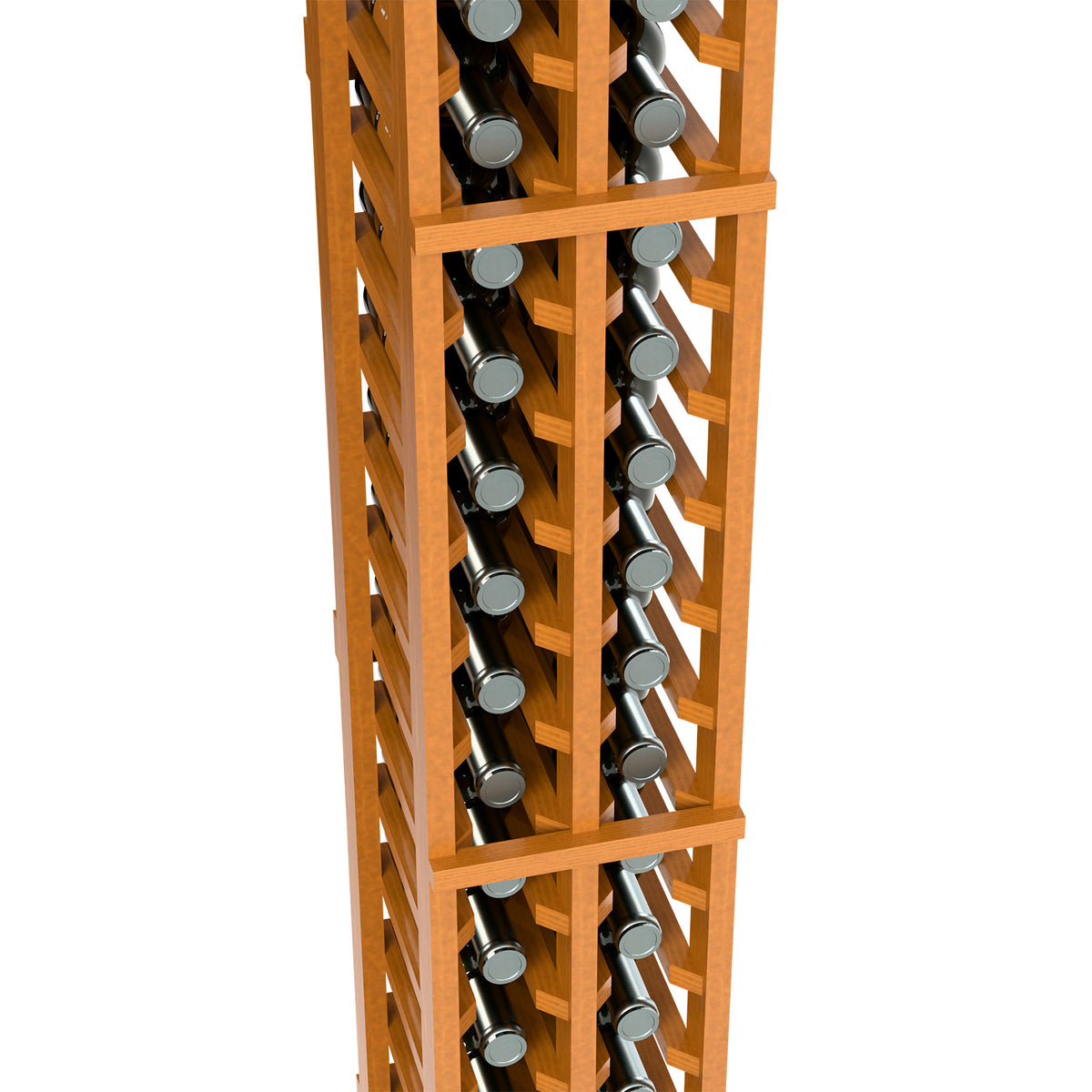 Close-up of light wood bottle rack showing two columns of bottle openings