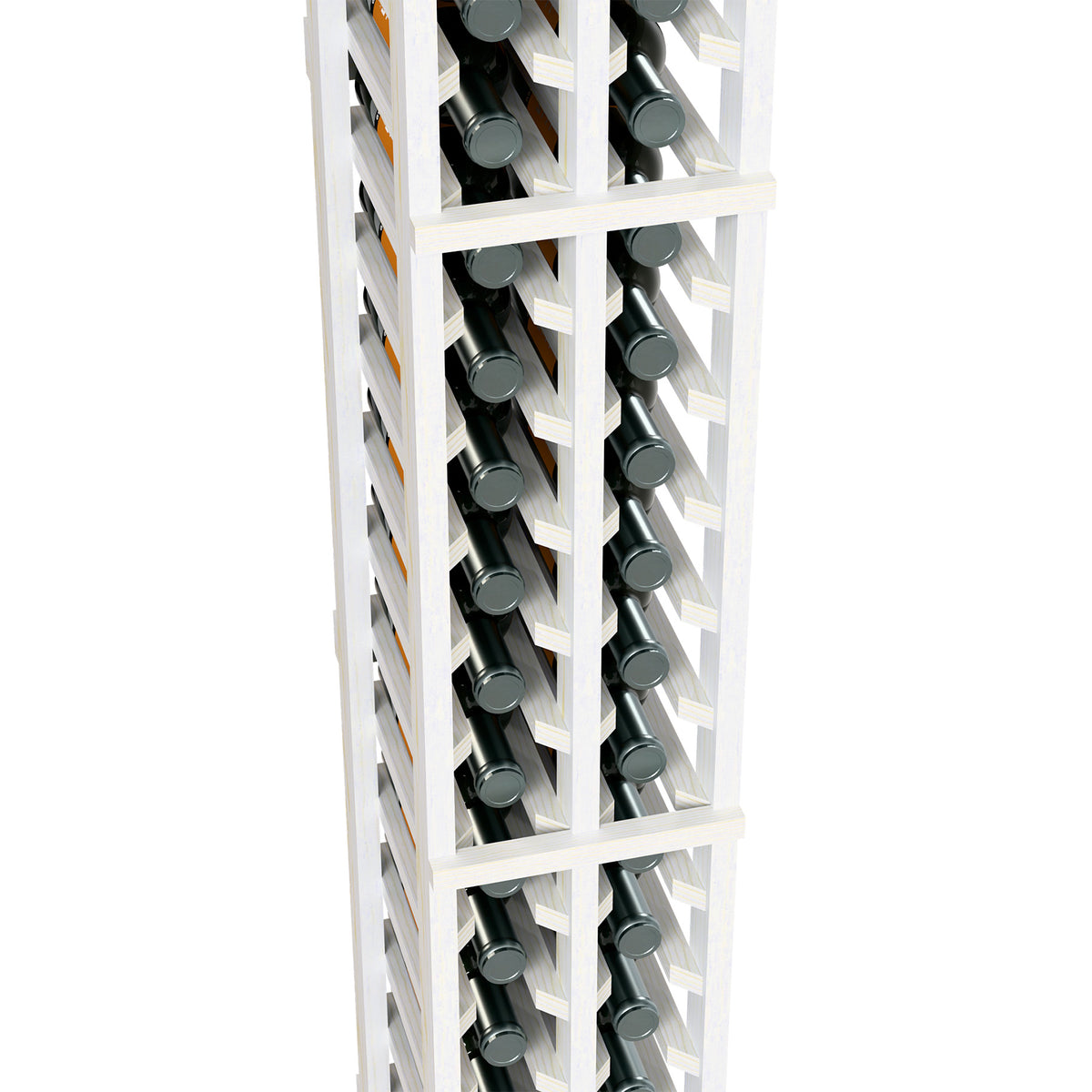 Close-up of white two-column bottle rack with rows of wine bottle openings