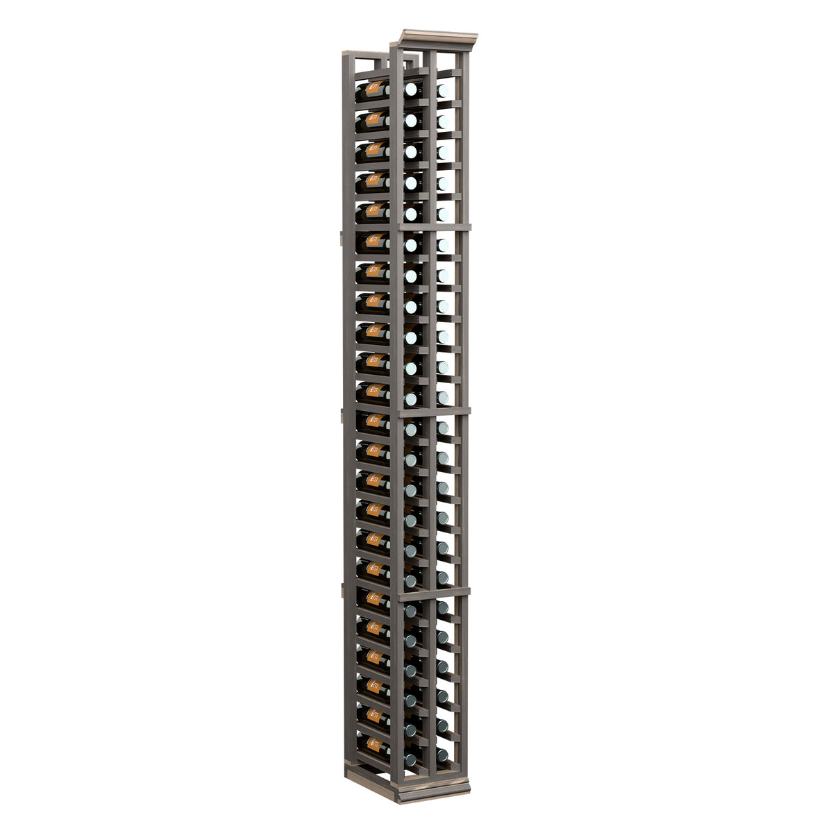 6ft two-column split wine bottle rack with open slots, dark wood frame