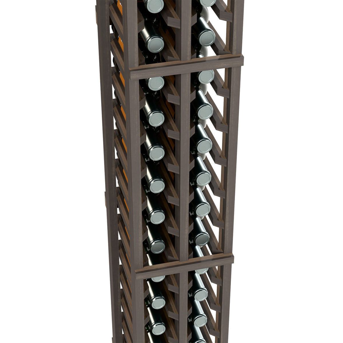 Two-column split wine bottle rack, close view of bottle holders and cross braces