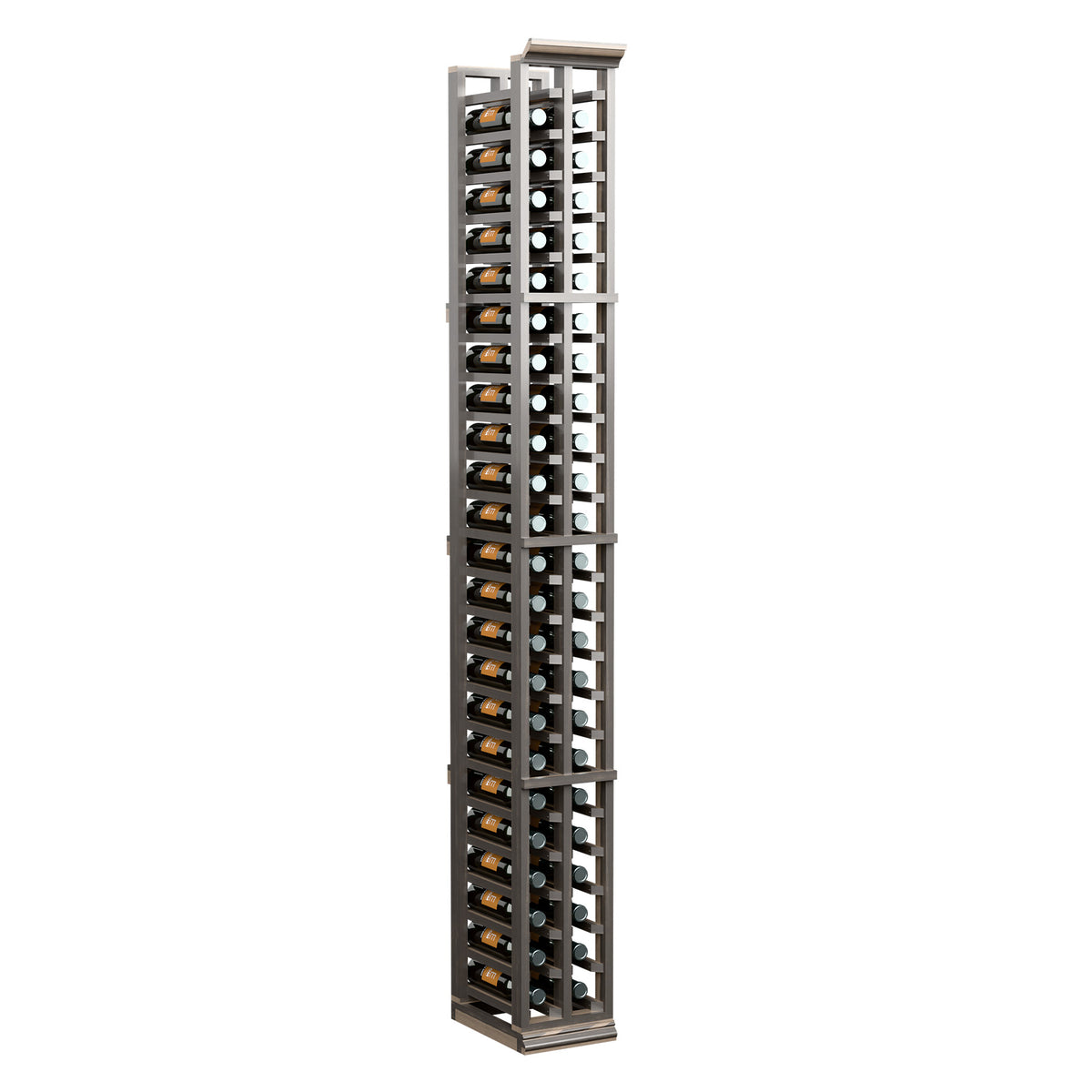 Tall two-column split bottle rack with vertical grid and bottle openings, dark frame
