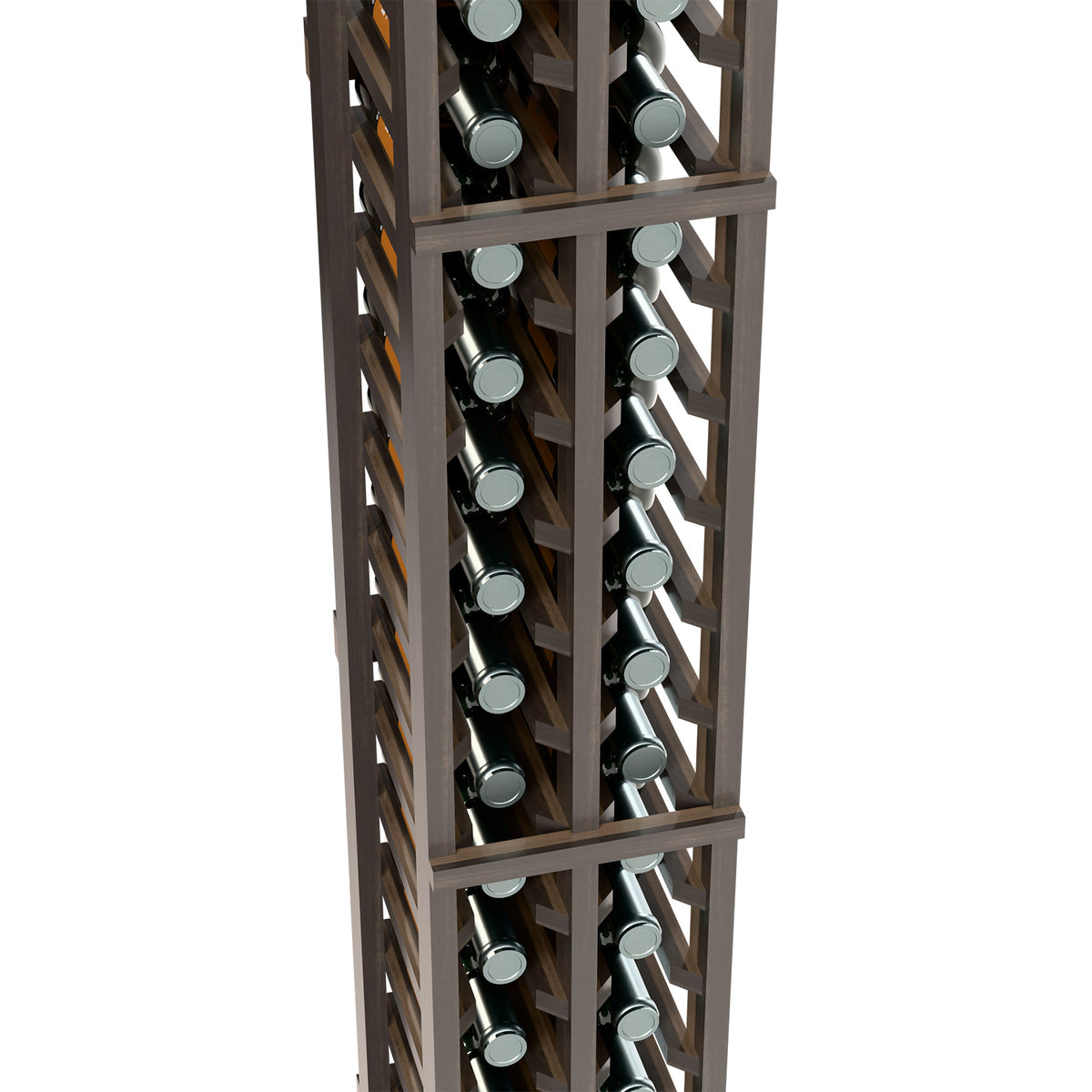 Two-column split wine bottle rack close-up showing bottle slots in dark wood frame