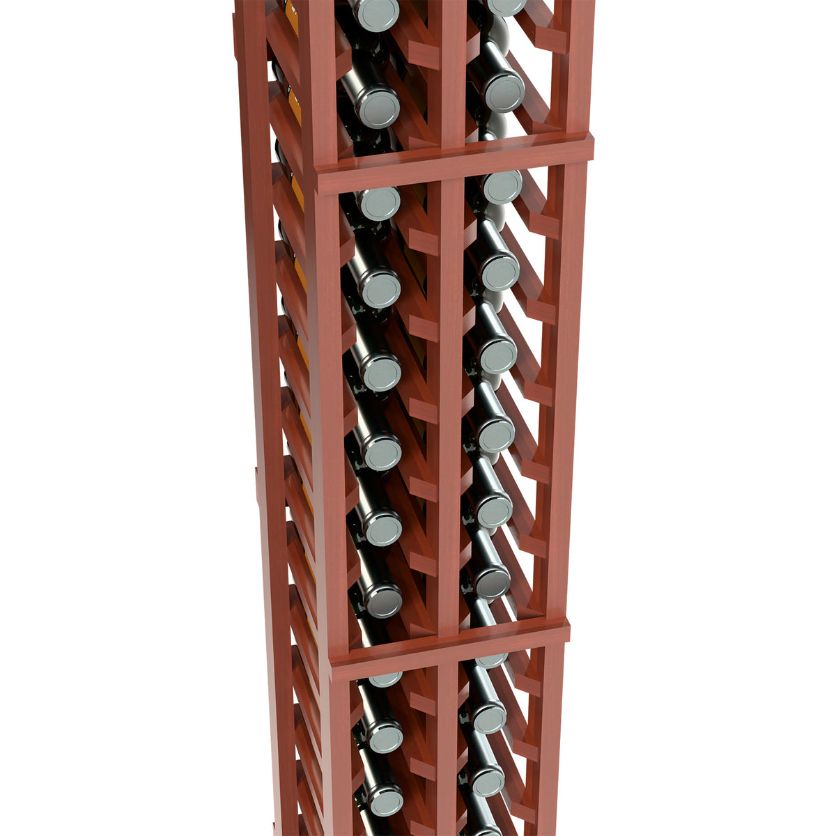 Two-column split wine bottle rack close-up with bottle holders in red-stained wood