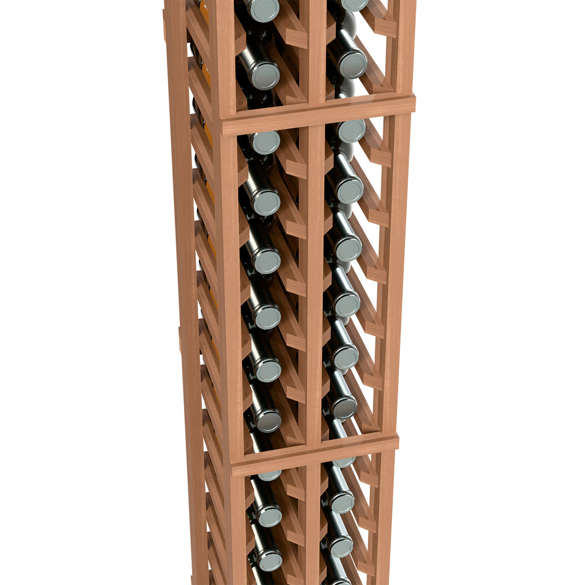 Two-column split wine bottle rack close-up showing bottle slots in light wood frame